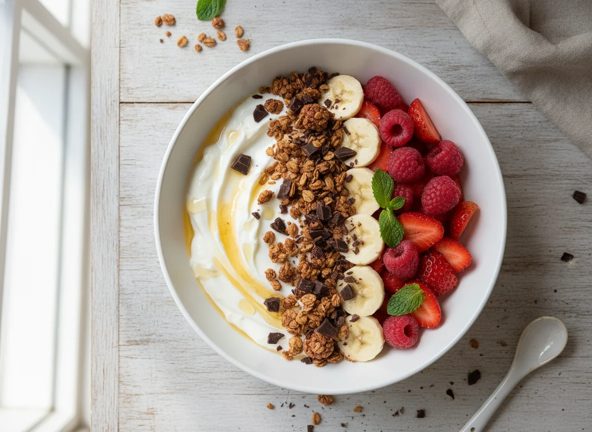 Yogurt bowl with granola and mixed fruit photo