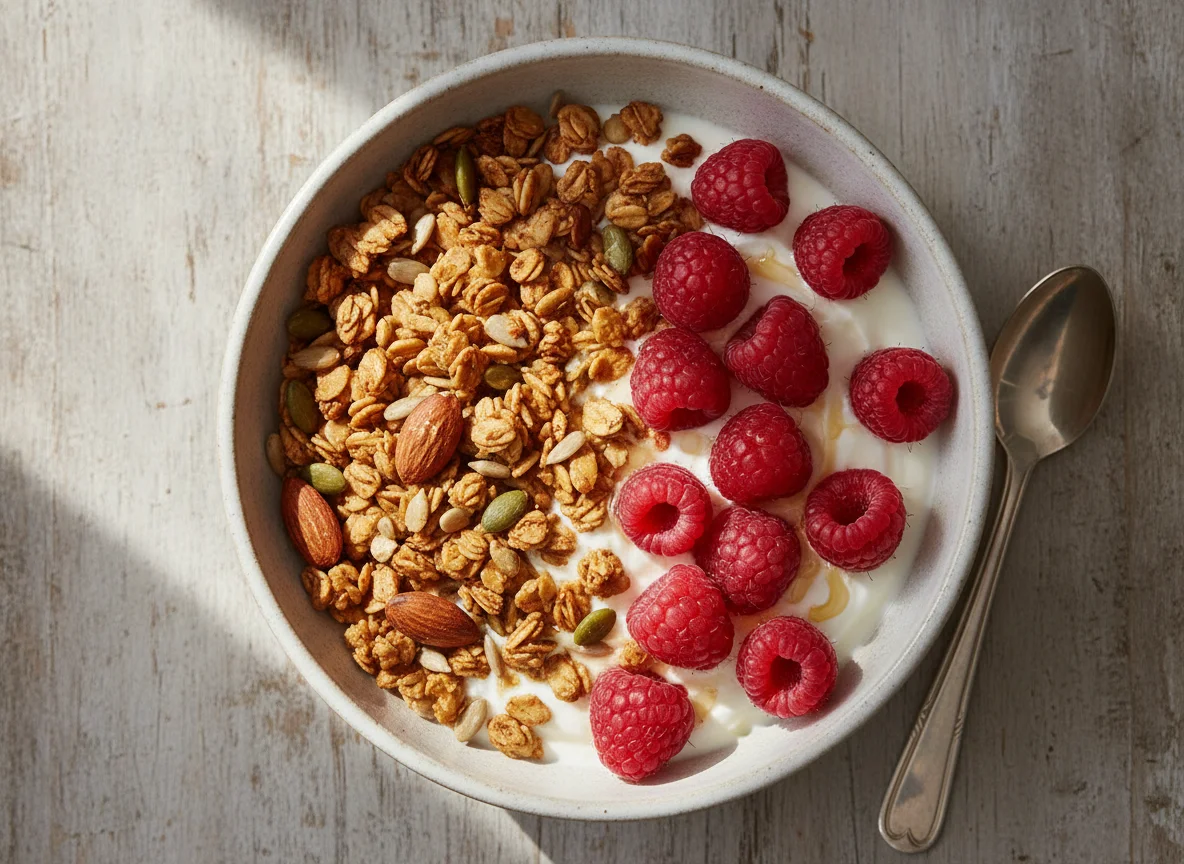 Yogurt Bowl with Granola and Raspberries photo