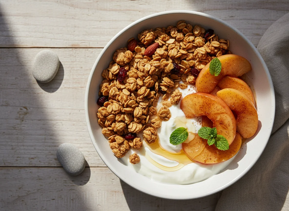 Yogurt bowl with granola and stewed apples photo