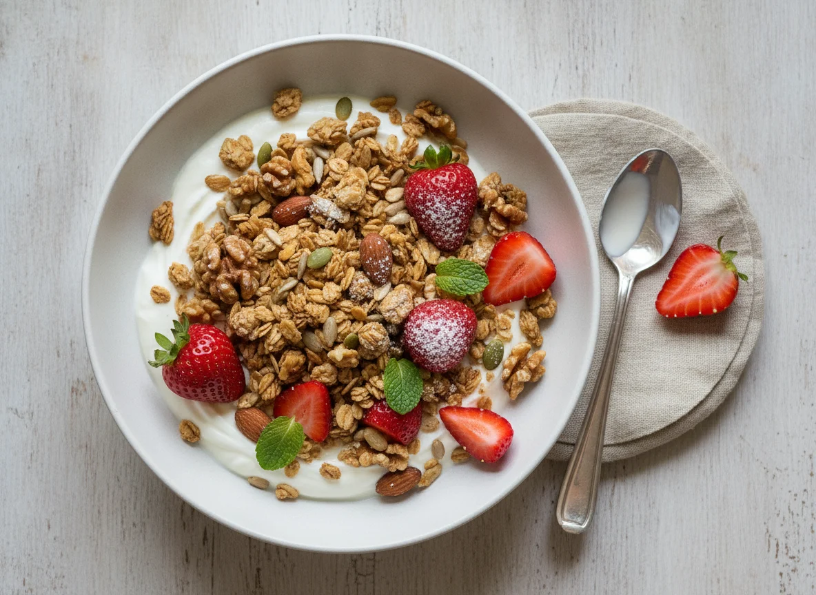 Yogurt Bowl with Granola and Strawberries photo