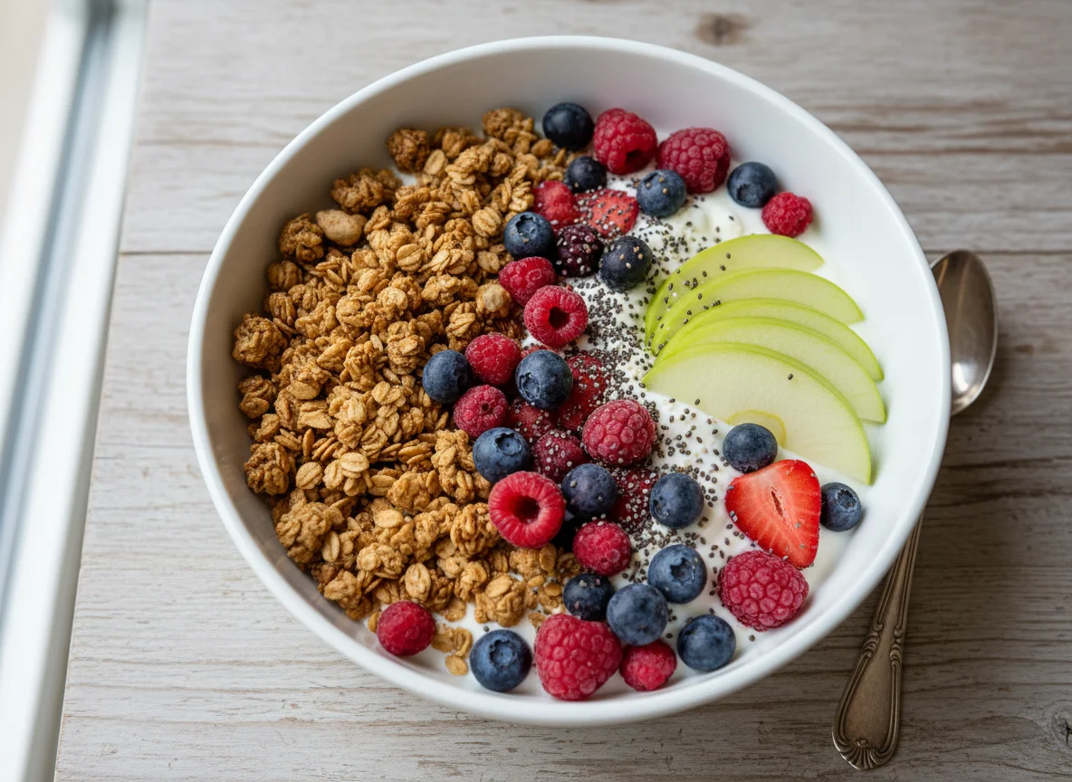 Yogurt bowl with granola, apple, berries, and chia seeds photo