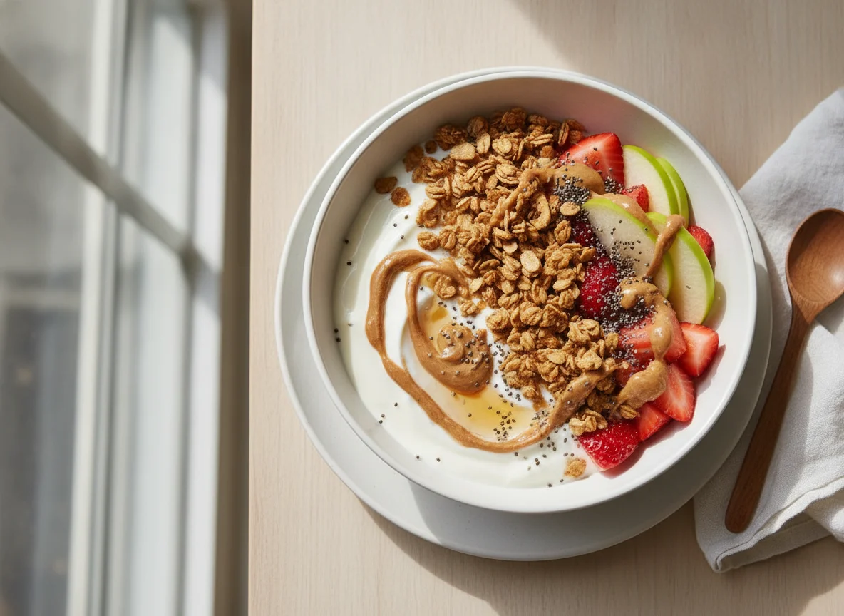 Yogurt bowl with granola, apple, strawberries and peanut butter photo