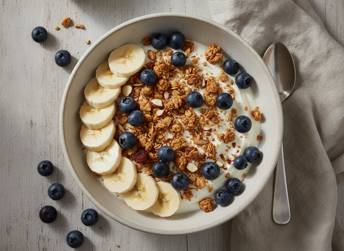 Yogurt bowl with granola, banana and blueberries photo