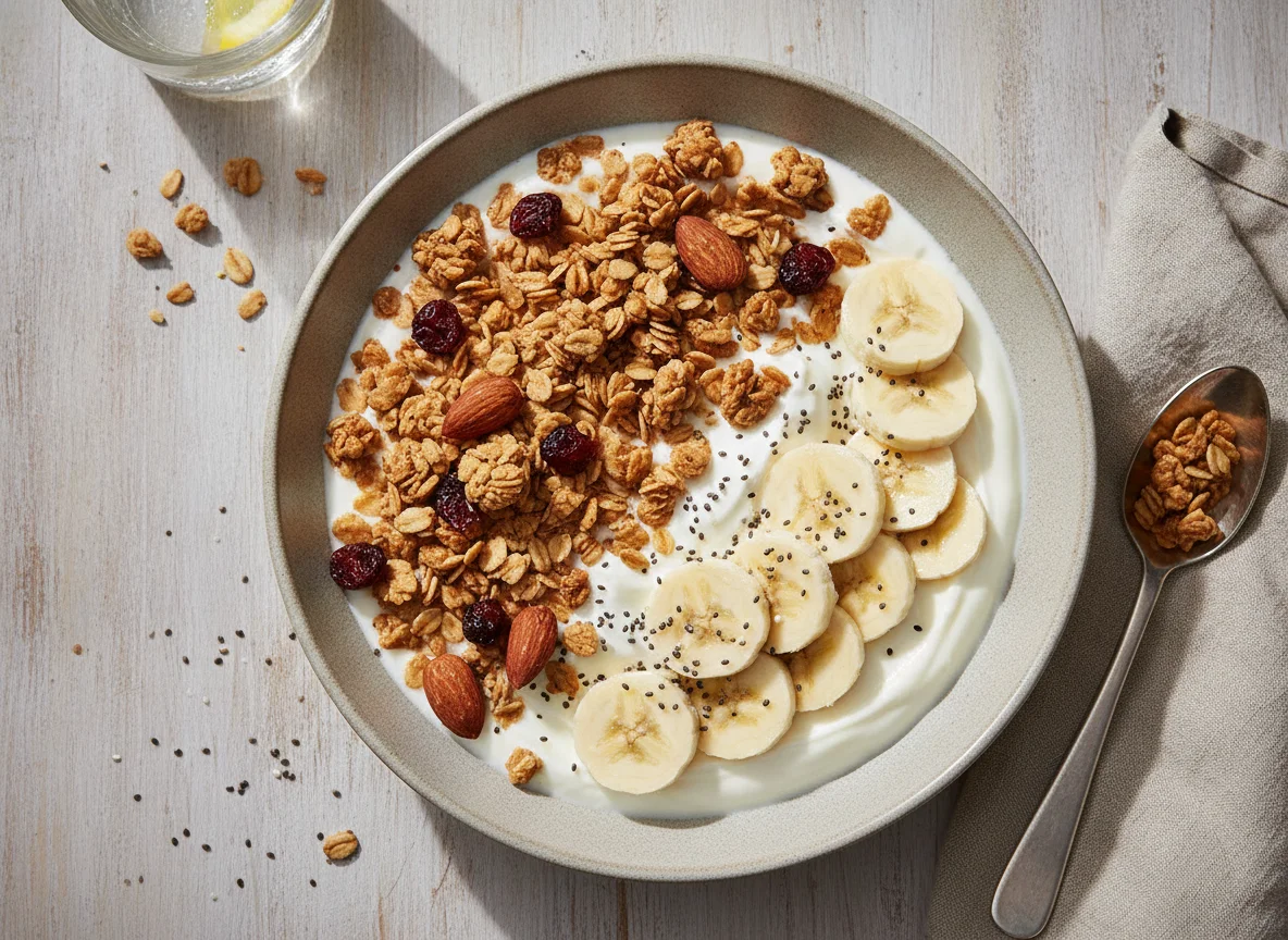 Yogurt bowl with granola, banana, and chia seeds photo