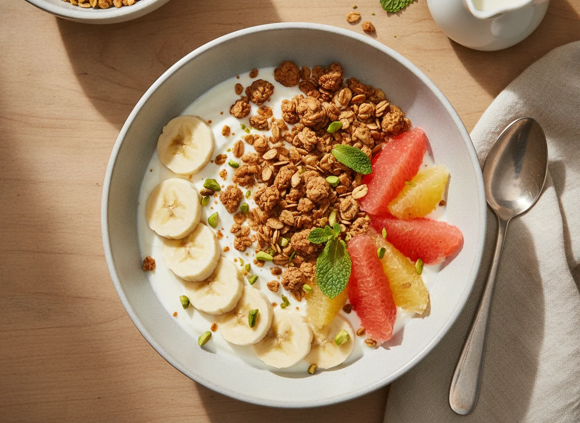 Yogurt Bowl with Granola, Banana and Grapefruit photo