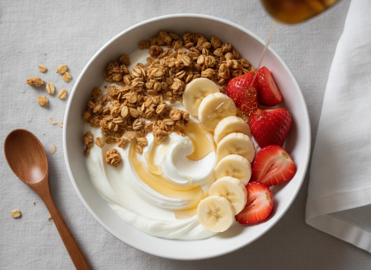 Yogurt Bowl with Granola, Banana, and Strawberries photo