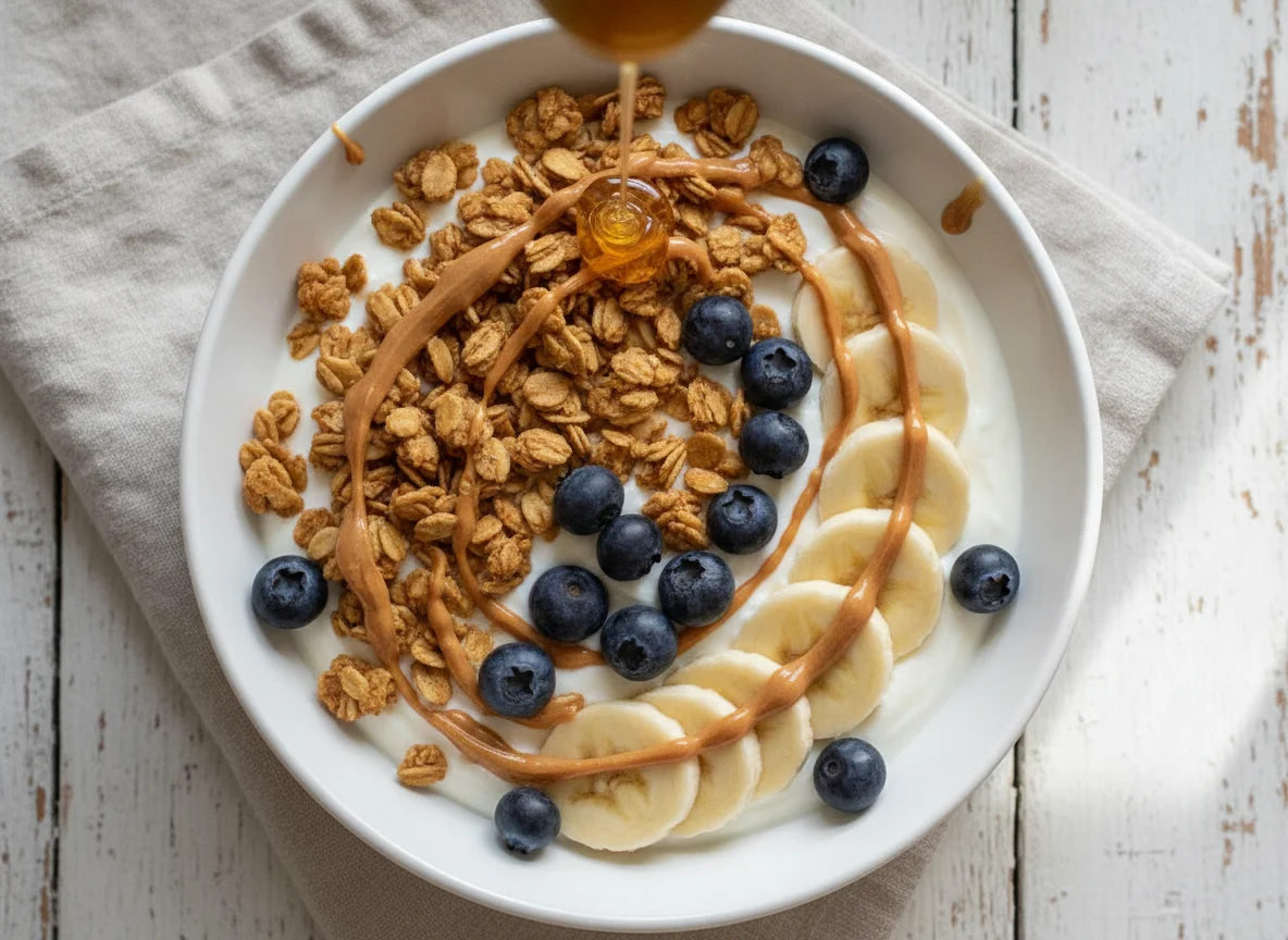 Yogurt bowl with granola, banana, blueberries and peanut butter photo
