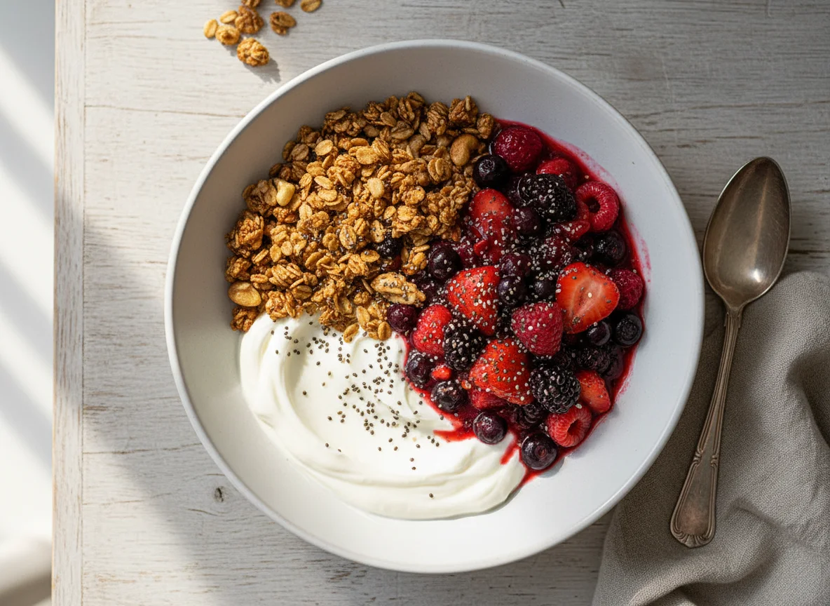 Yogurt Bowl with Granola, Berries, and Chia Seeds photo