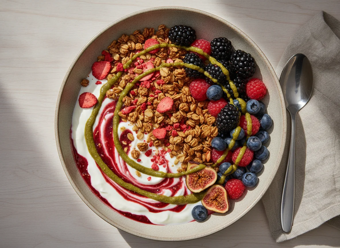 Yogurt bowl with granola, berries and nut butter photo