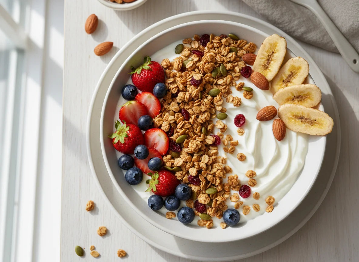 Yogurt bowl with granola, berries, banana chips, and nuts photo