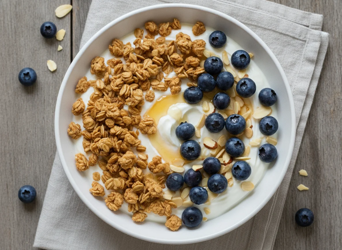 Yogurt Bowl with Granola, Blueberries, and Almonds photo