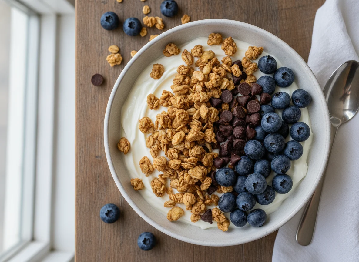 Yogurt Bowl with Granola, Blueberries, and Chocolate Chips photo