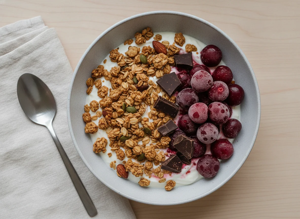 Yogurt bowl with granola, cherries, and dark chocolate photo