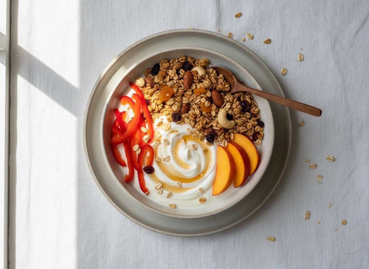 Yogurt bowl with granola, fruit, and bell pepper photo