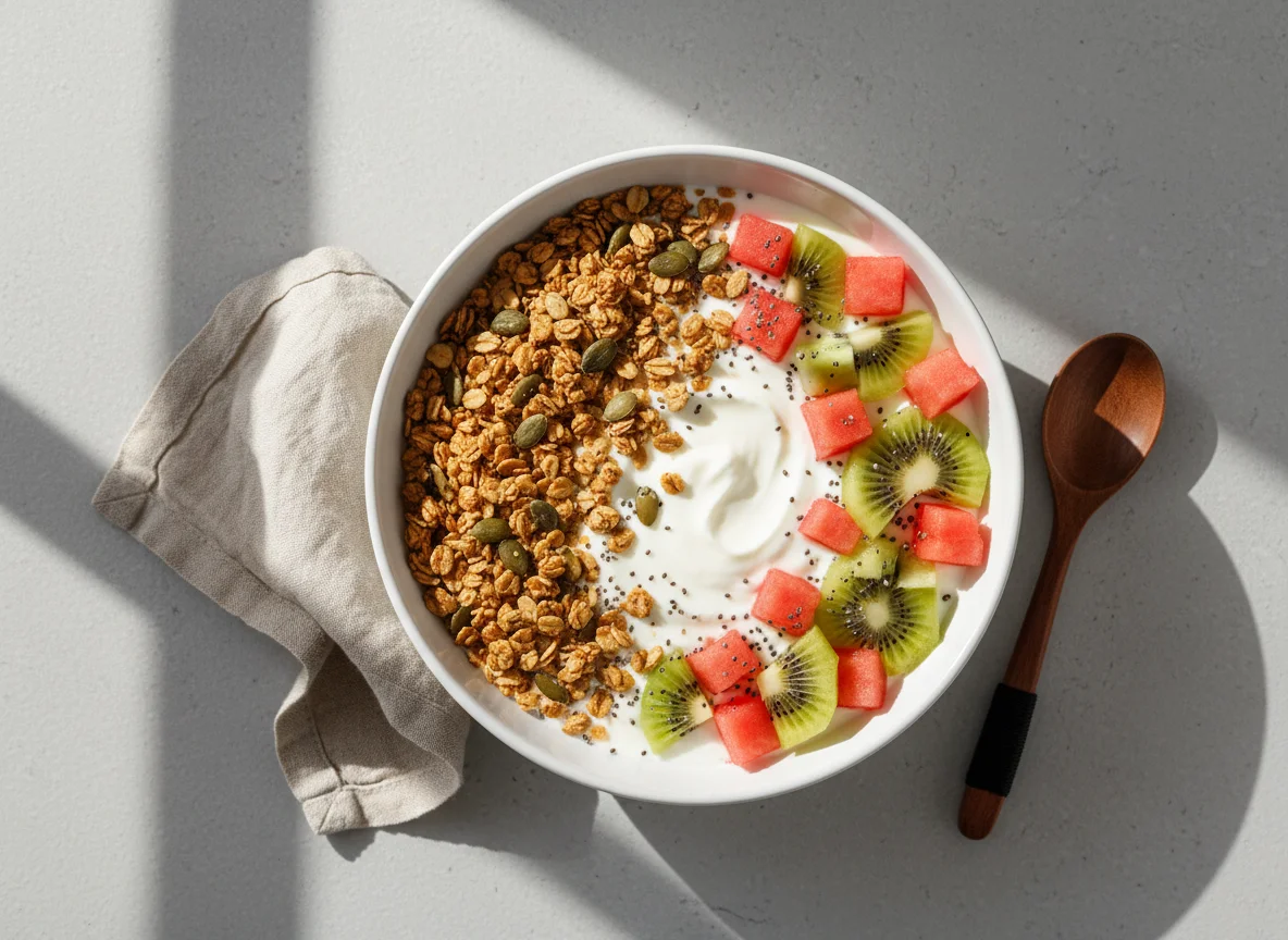 Yogurt bowl with granola, fruit, and seeds photo