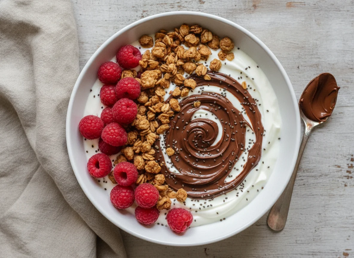 Yogurt bowl with granola, raspberries, and chocolate spread photo