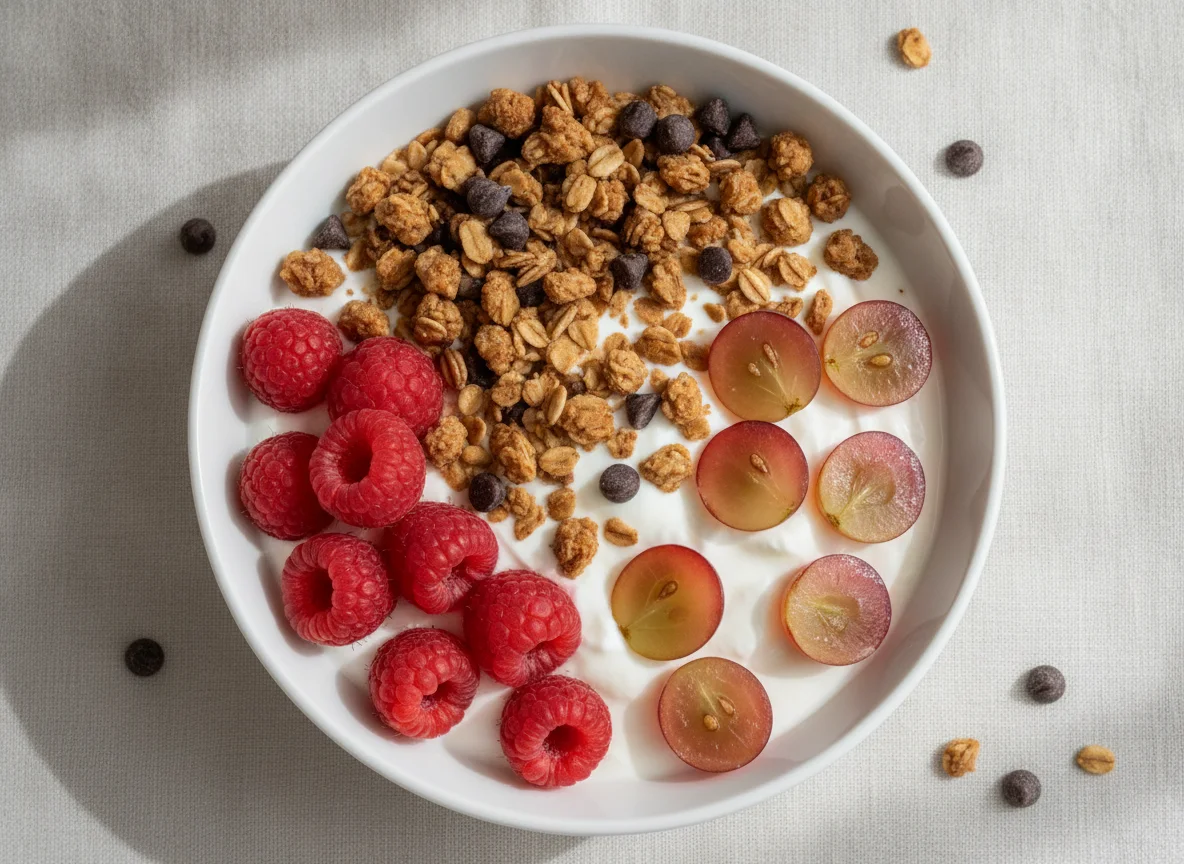 Yogurt bowl with granola, raspberries and grapes photo