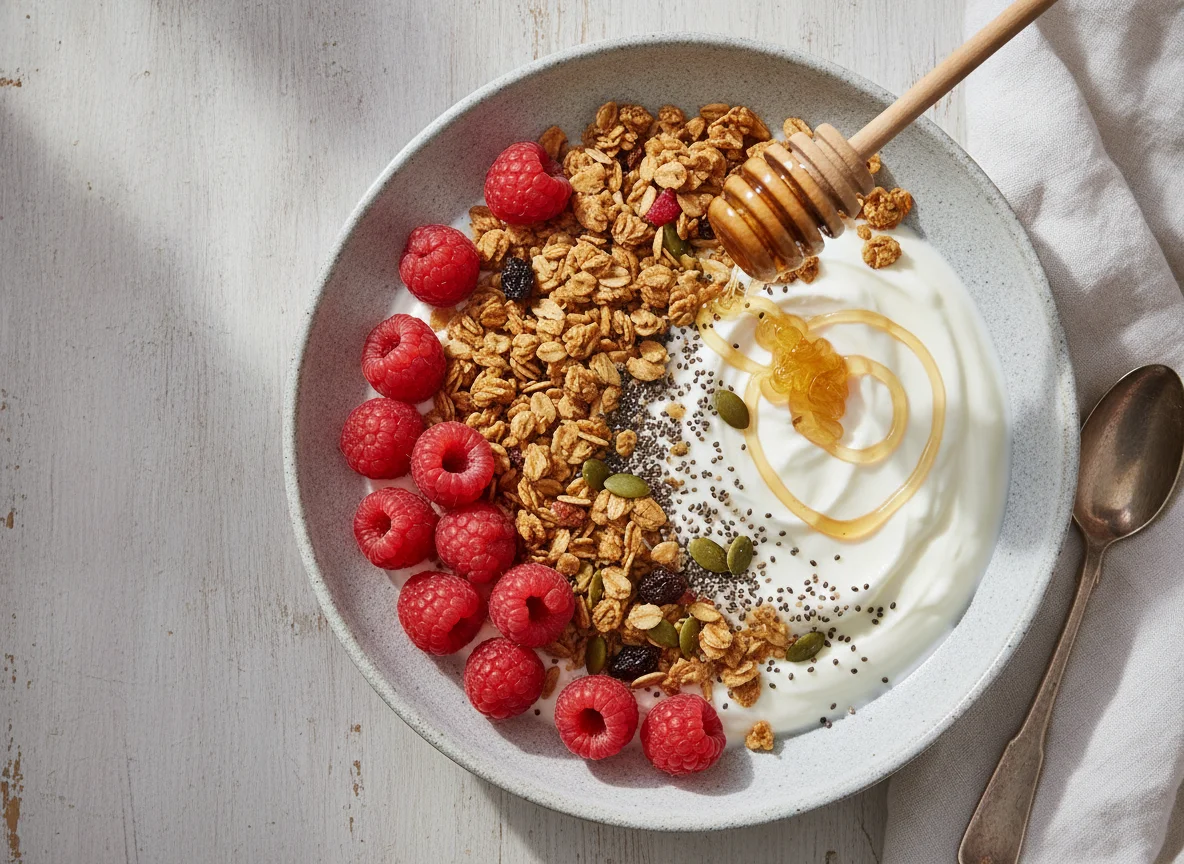 Yogurt bowl with granola, raspberries, and seeds photo