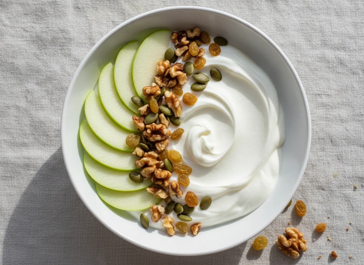 Yogurt bowl with green apple, nuts, and seeds photo