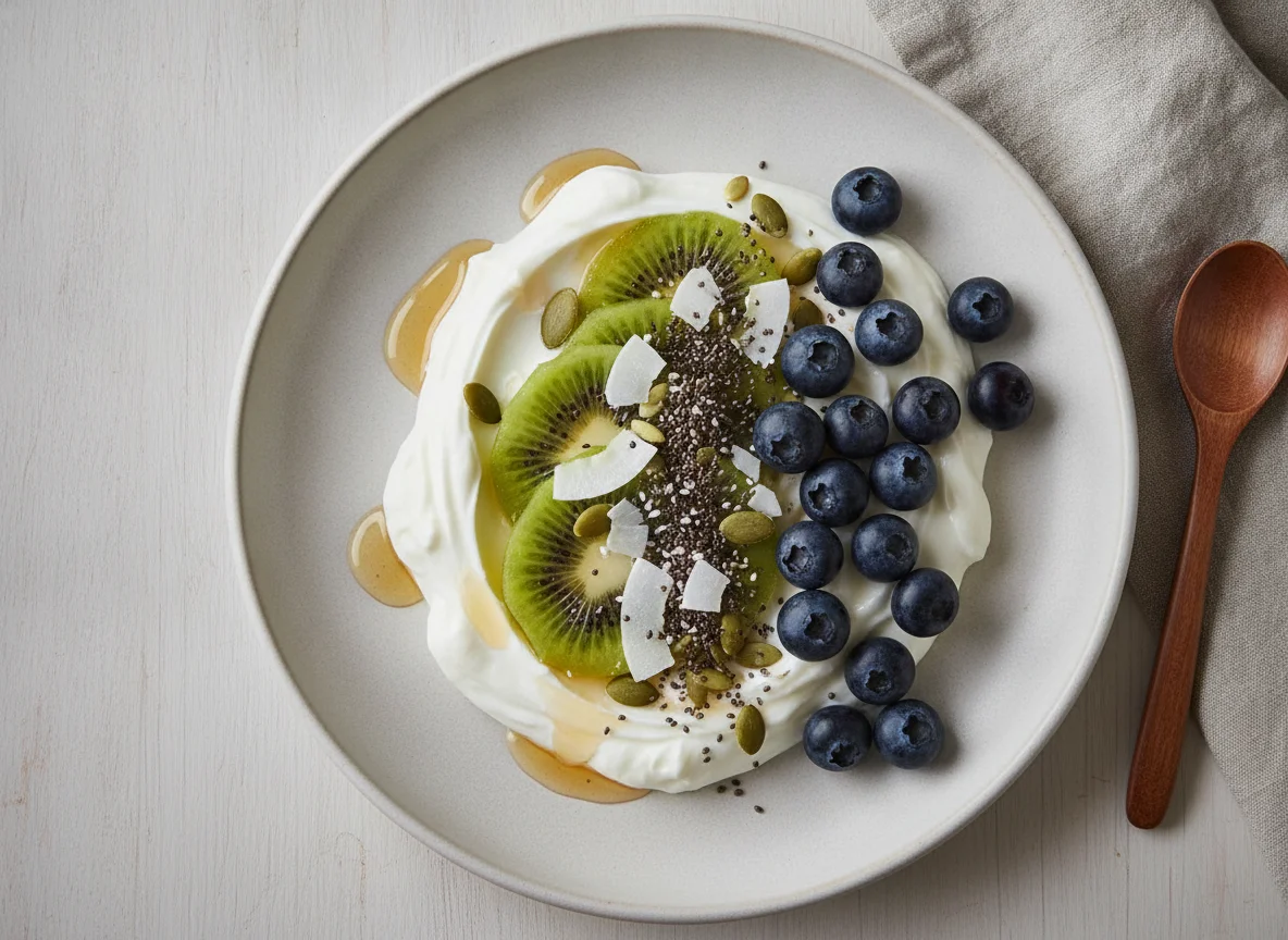 Yogurt bowl with kiwi, blueberries, and seeds photo