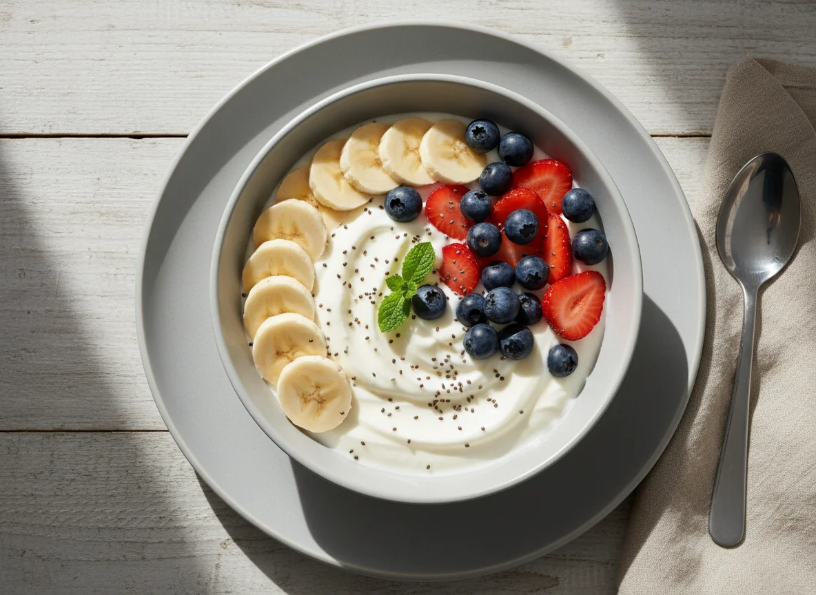 Yogurt Bowl with Mixed Berries and Banana photo