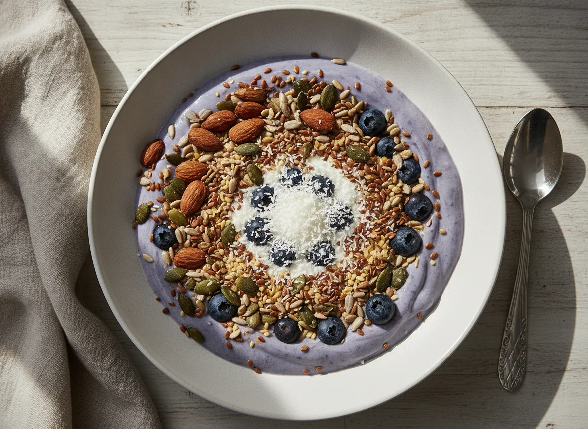 Yogurt bowl with mixed seeds and nuts photo