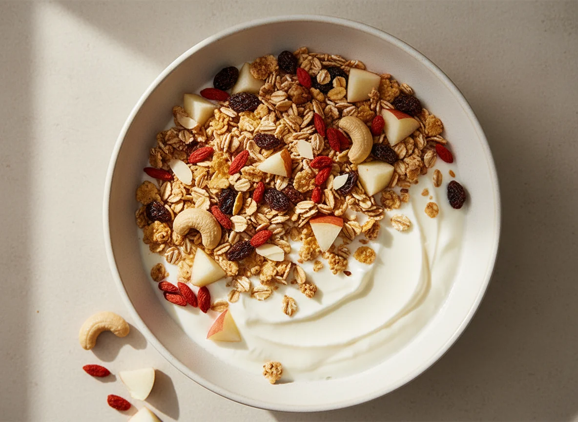 Yogurt bowl with muesli, nuts, and fruit photo
