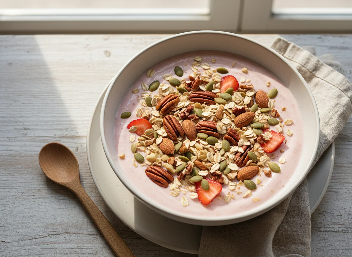 Yogurt bowl with nuts and seeds photo