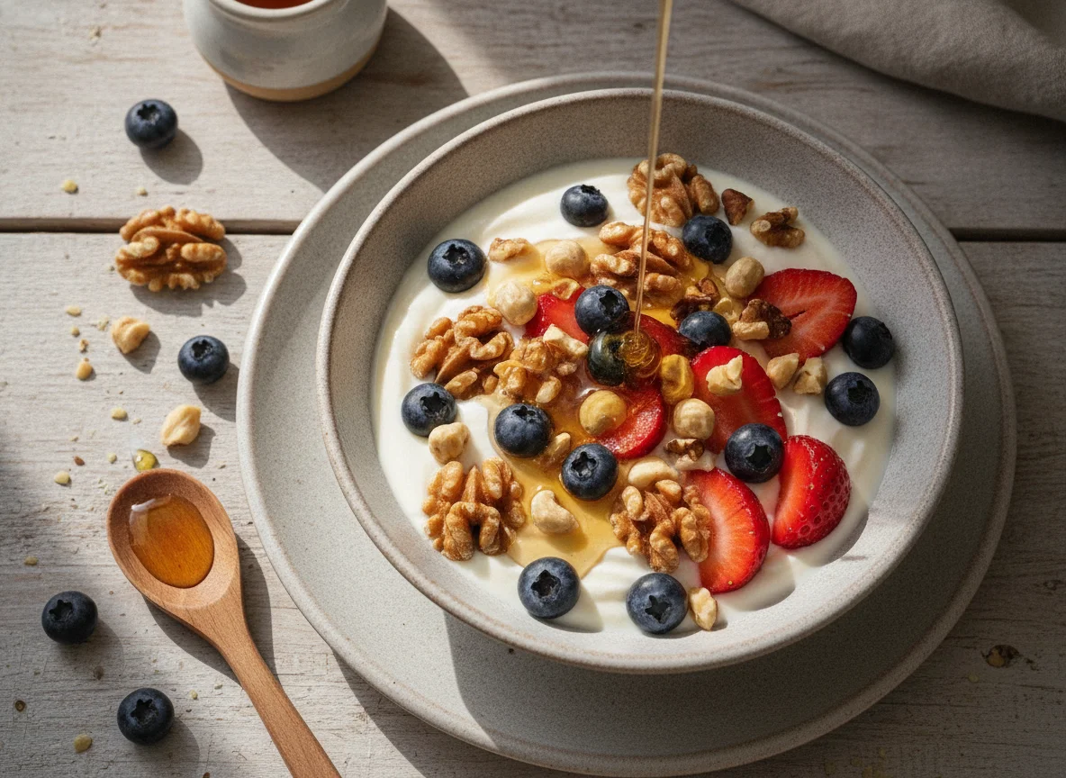 Yogurt bowl with nuts, berries and honey photo