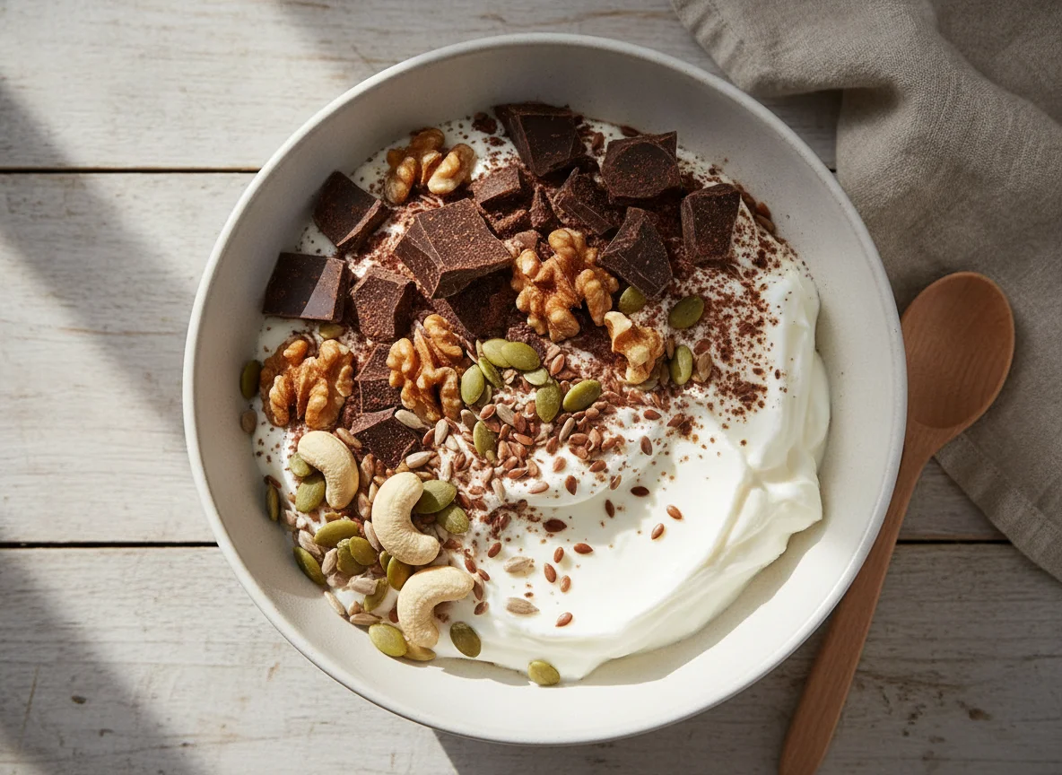 Yogurt Bowl with Nuts, Seeds, and Dark Chocolate photo