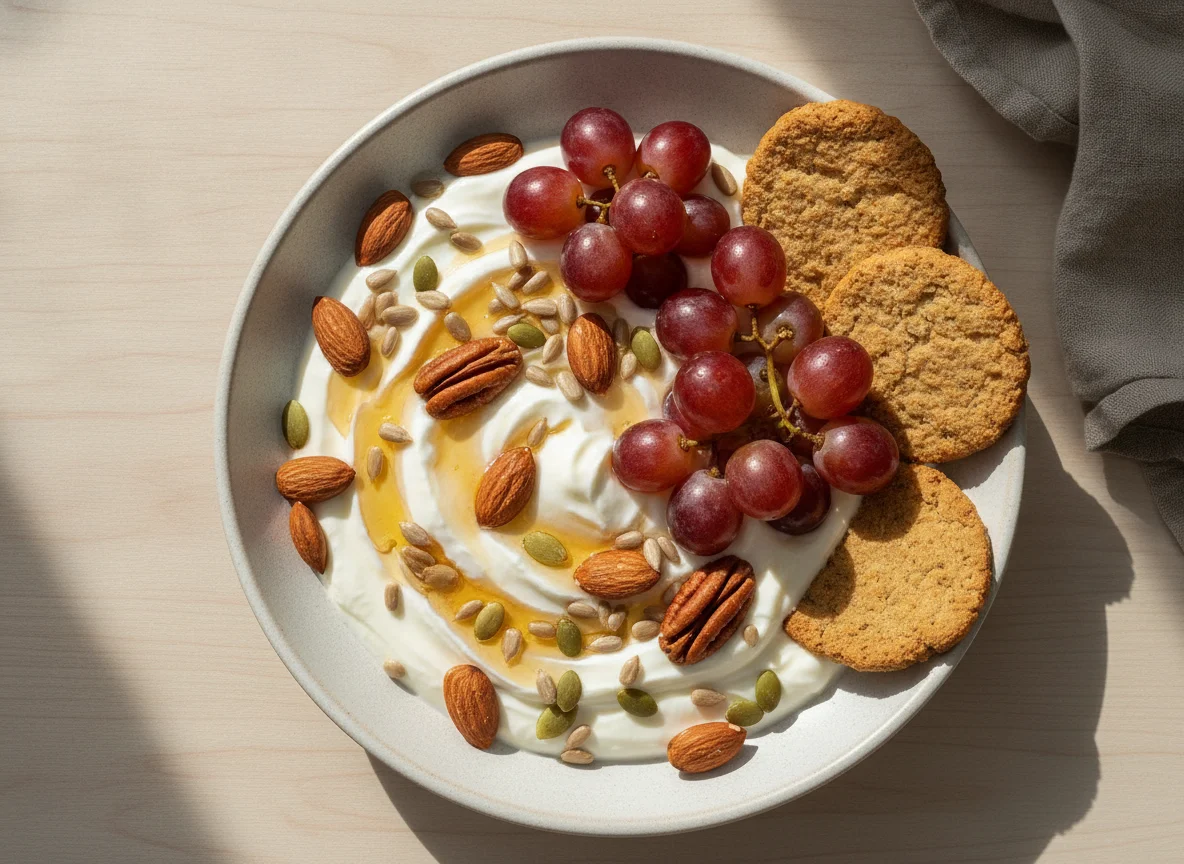 Yogurt bowl with nuts, seeds, grapes and biscuits photo