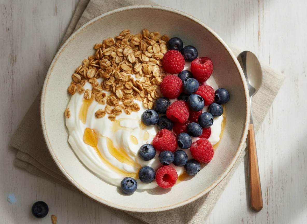 Yogurt bowl with oats and berries photo