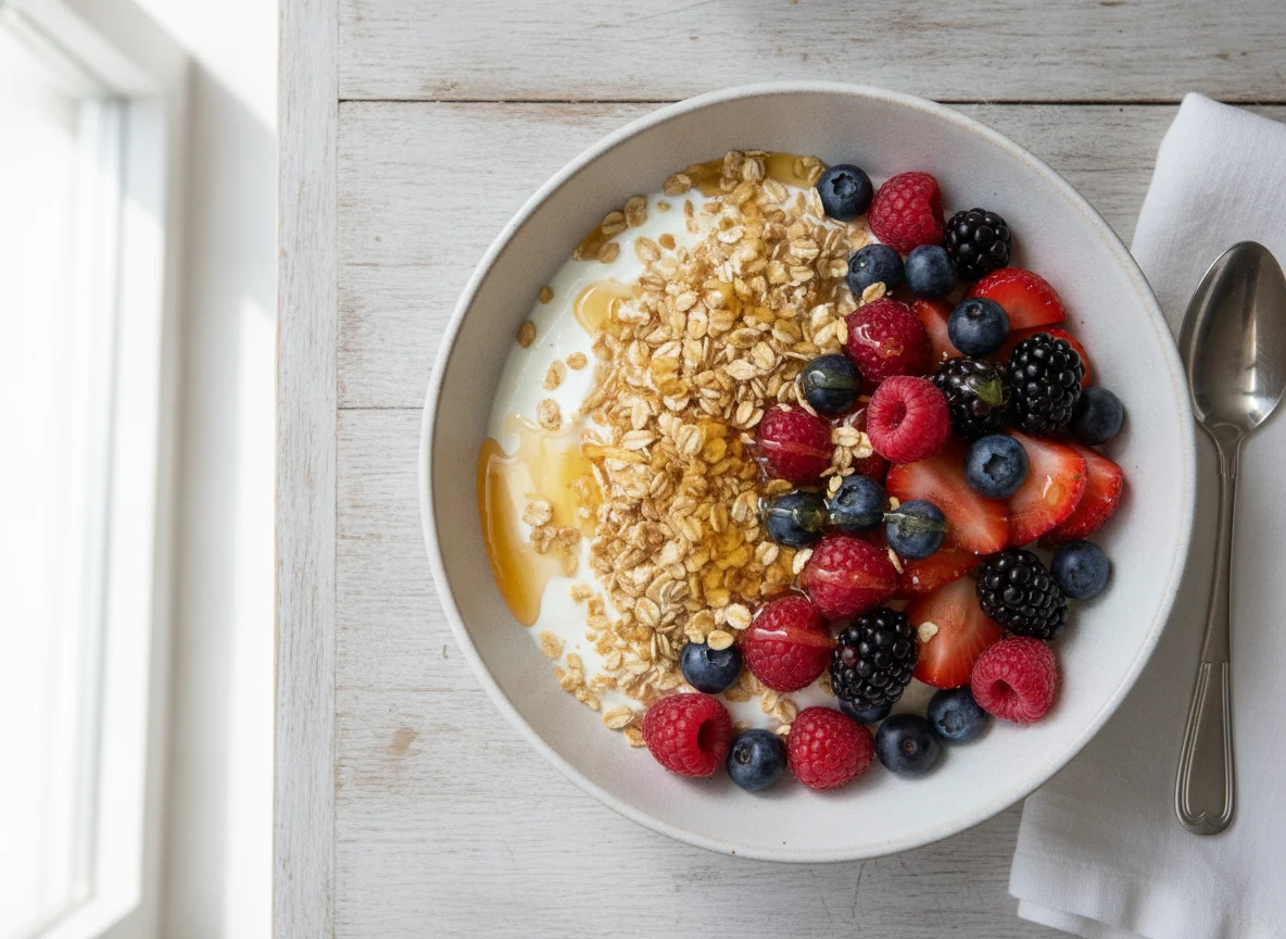 Yogurt bowl with oats and mixed berries photo