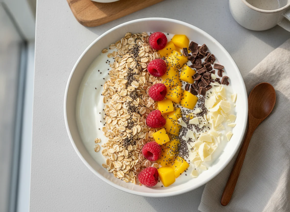 Yogurt bowl with oats, raspberries, mango and chocolate flakes photo