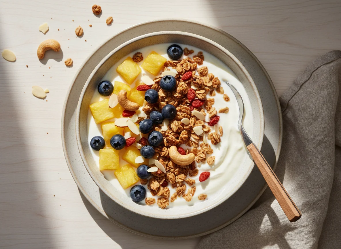 Yogurt bowl with pineapple, blueberries, and nuts photo