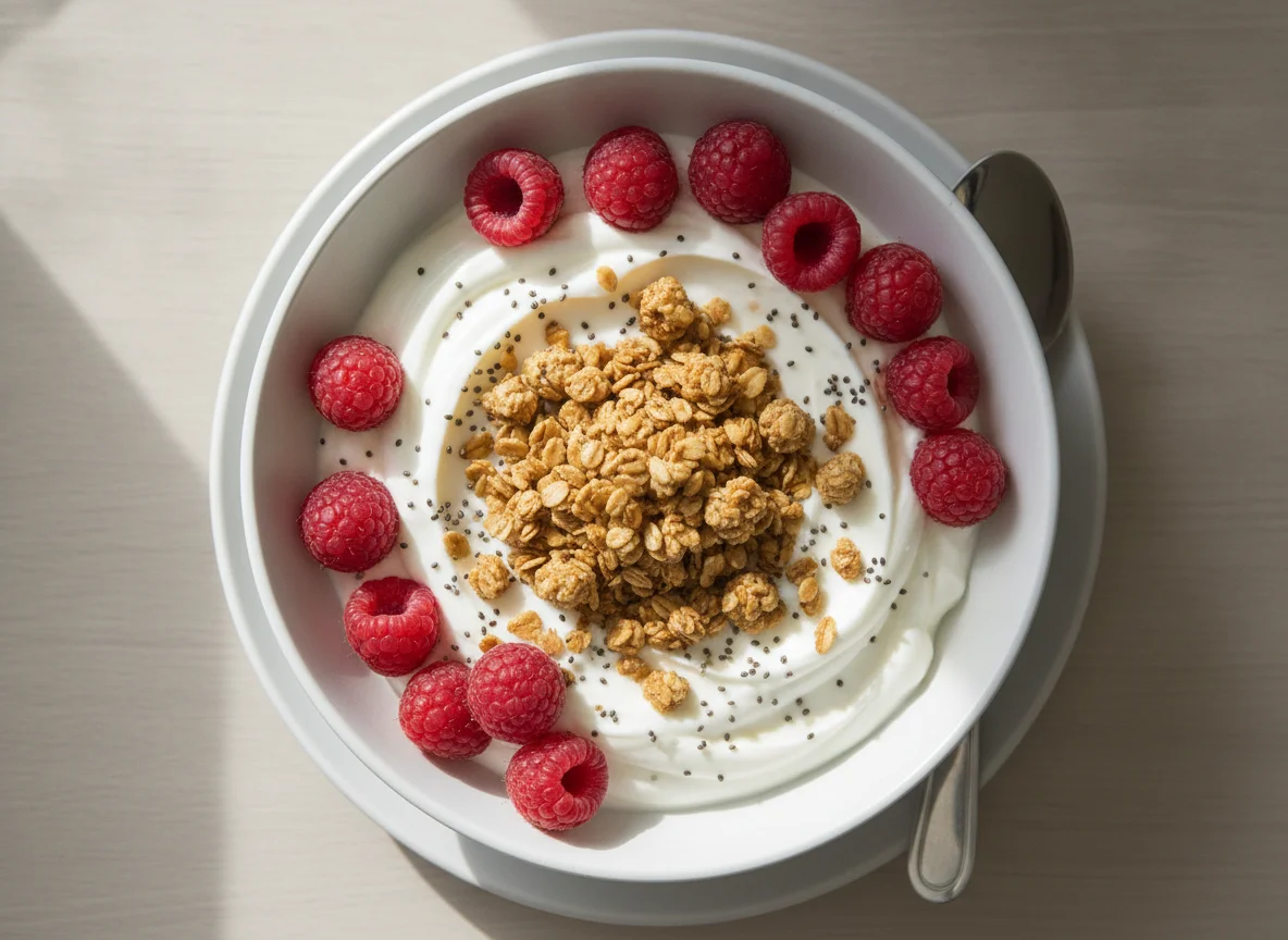 Yogurt Bowl with Raspberries and Granola photo