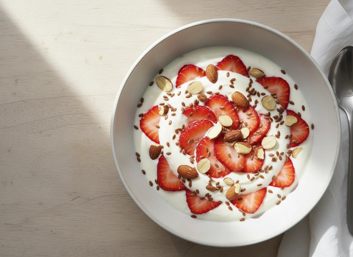 Yogurt bowl with strawberries, almonds, and flax seeds photo