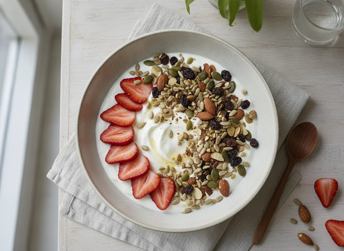 Yogurt bowl with strawberries and mixed nuts photo