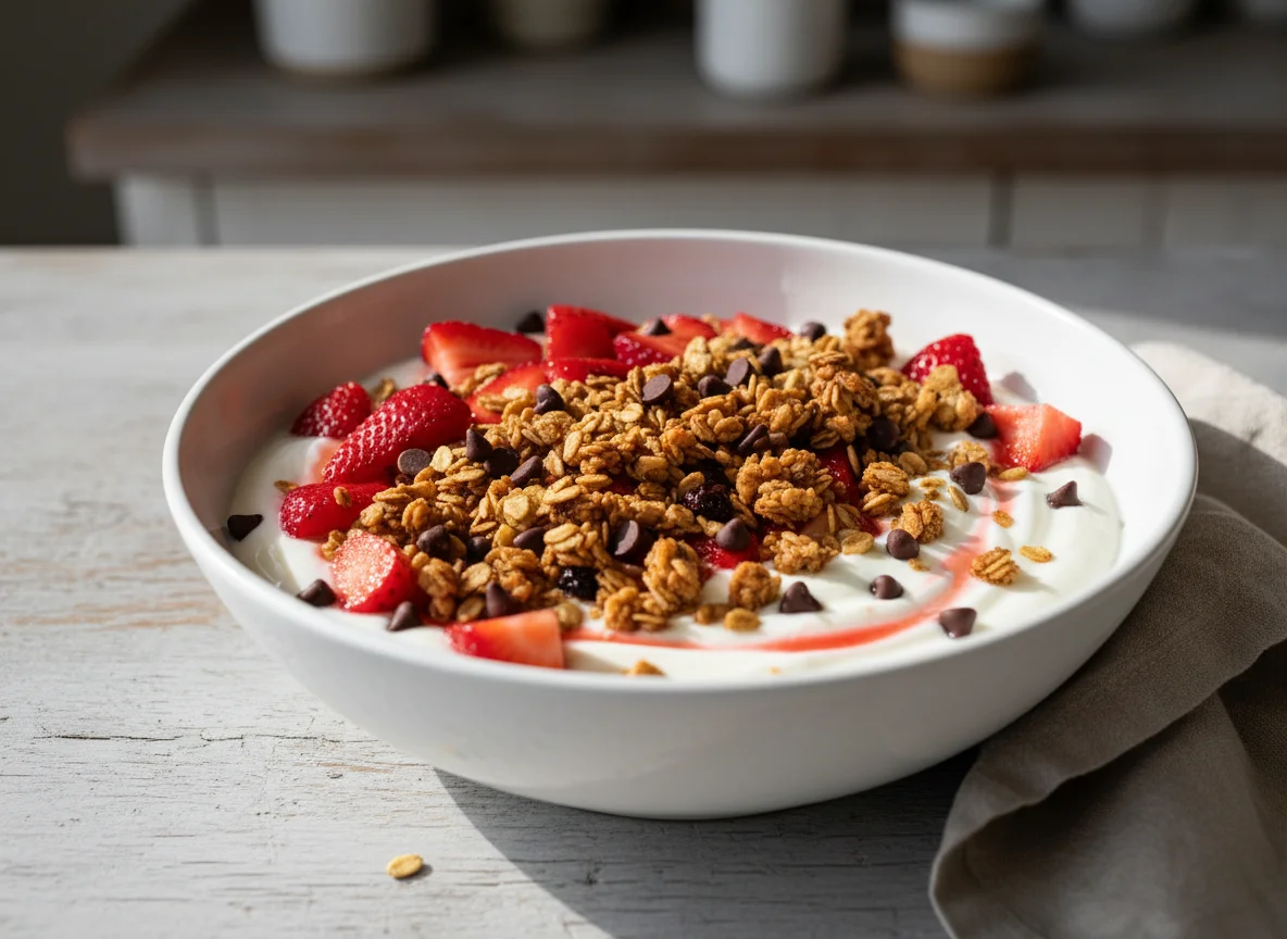 Yogurt Bowl with Strawberries, Granola, and Chocolate Chips photo