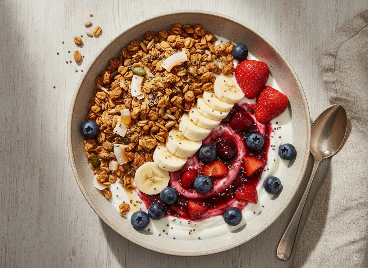 Yogurt Breakfast Bowl with Granola and Fruit photo