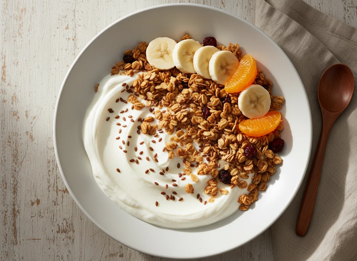 Yogurt Granola Bowl with Fruits and Flax Seeds photo