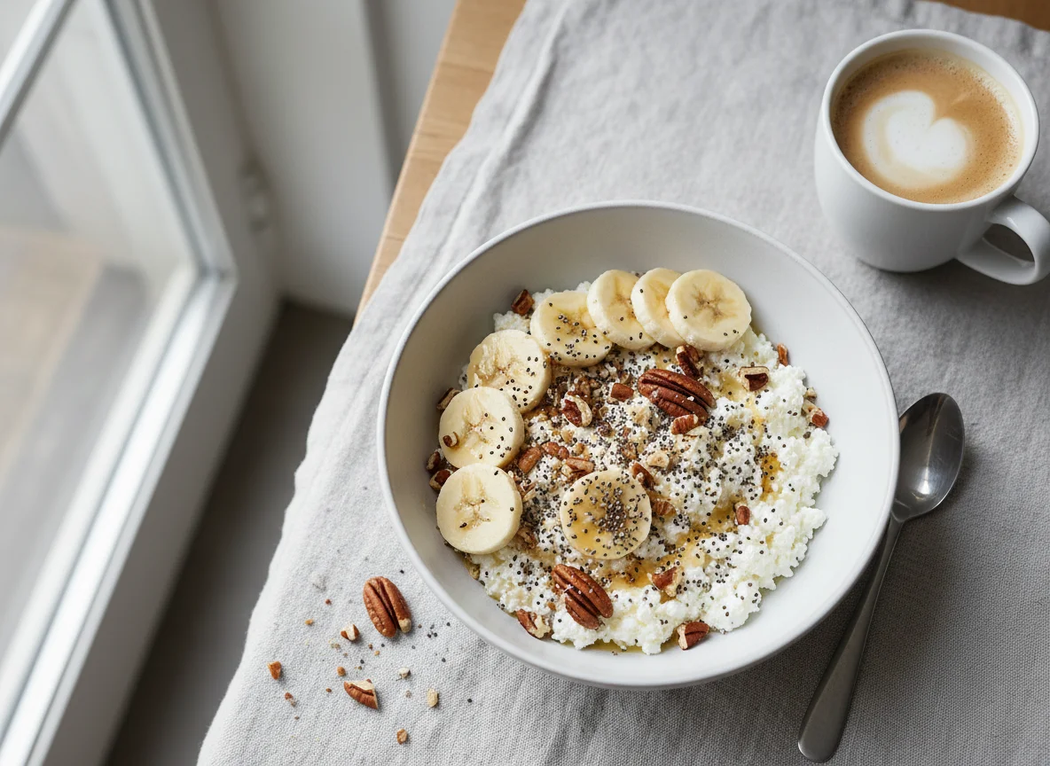 Yogurt or Cottage Cheese Bowl with Fruit, Nuts, and Seeds, with Coffee photo