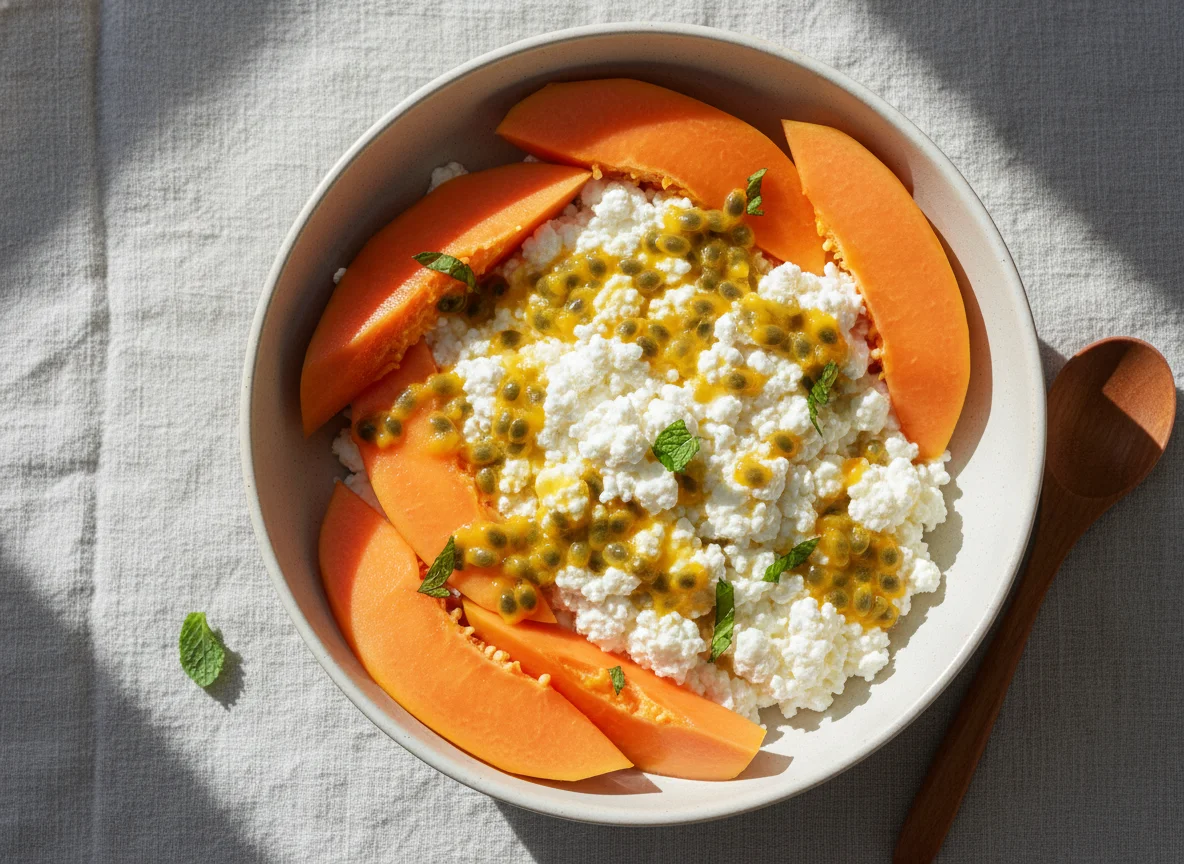 Yogurt or Cottage Cheese with Papaya and Passion Fruit photo