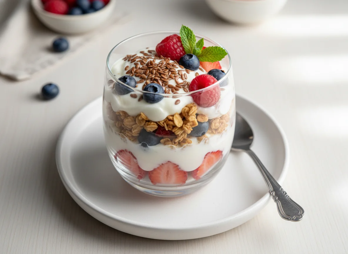 Yogurt Parfait with Berries, Granola, and Flaxseed photo