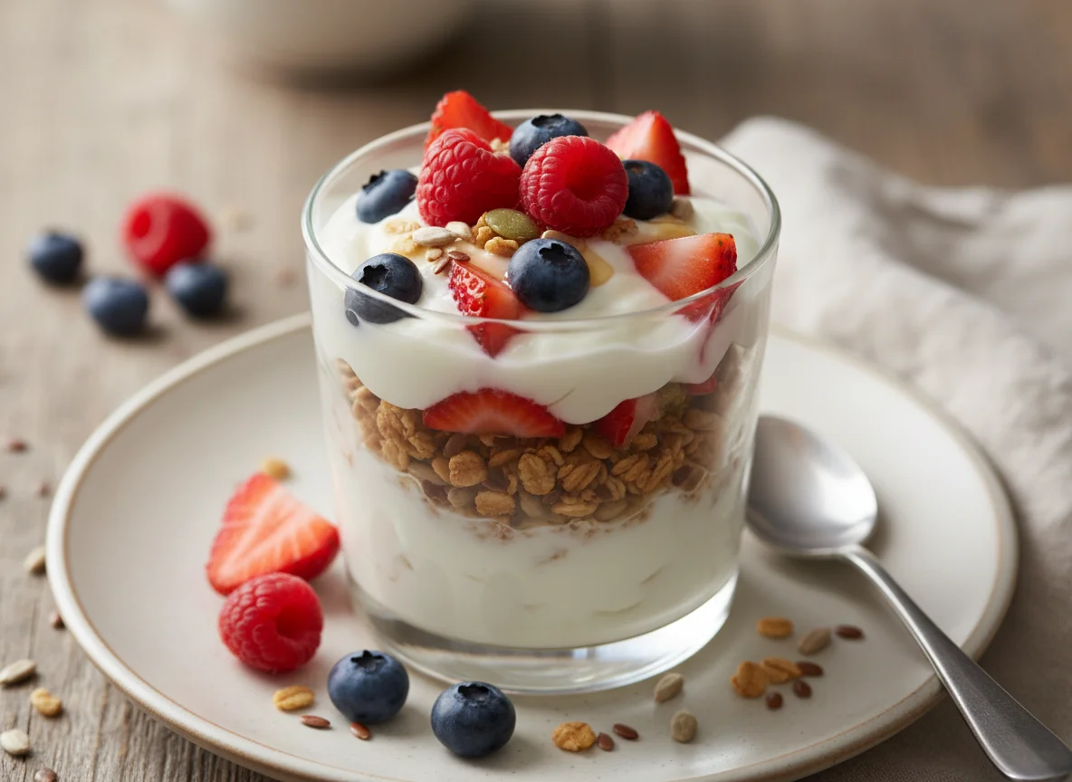 Yogurt Parfait with Granola and Mixed Berries photo