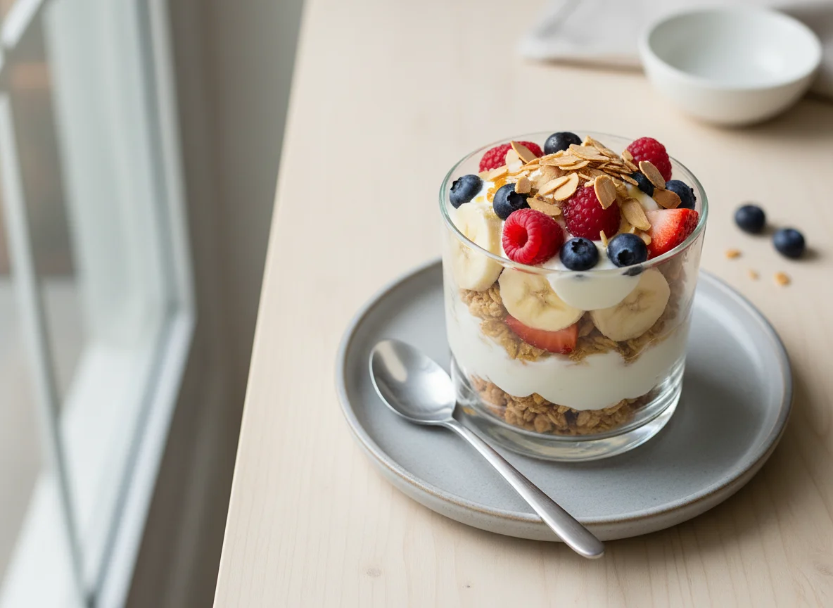 Yogurt Parfait with Granola, Banana, and Berries photo
