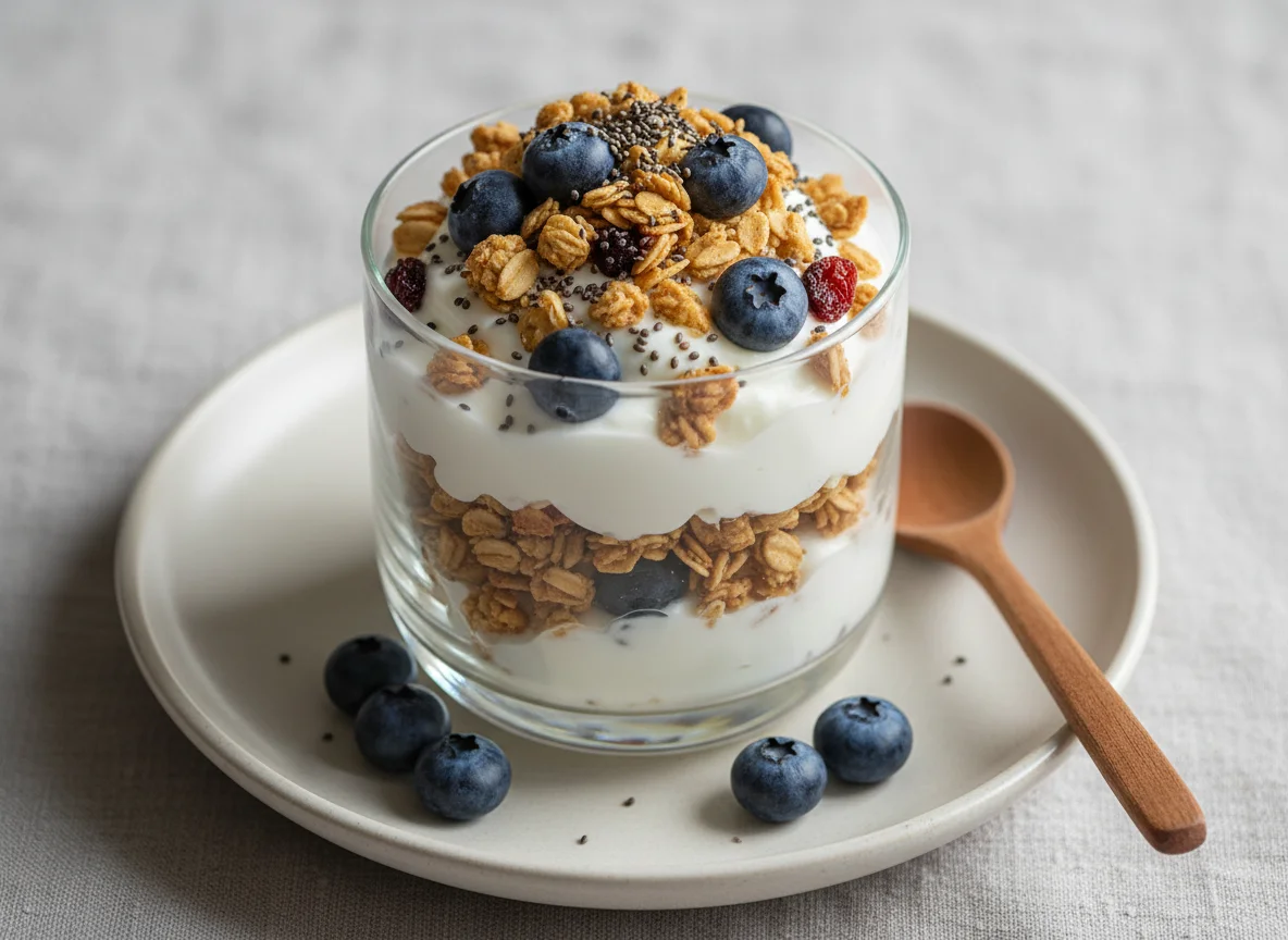 Yogurt Parfait with Granola, Blueberries, and Chia Seeds photo