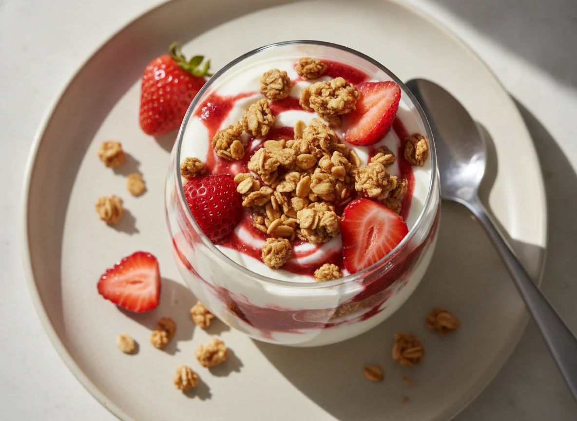 Yogurt parfait with strawberries and granola photo