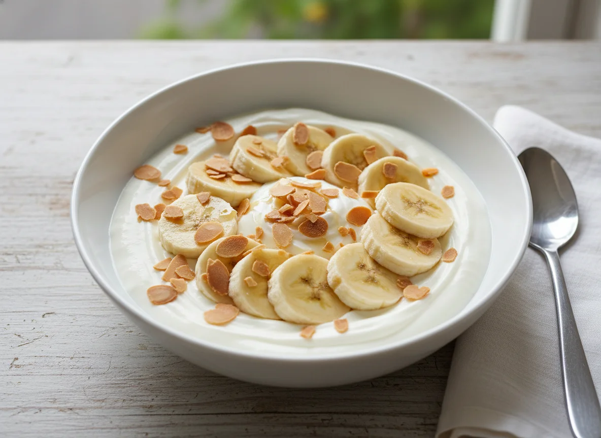 Yogurt with Banana and Almond Flakes photo