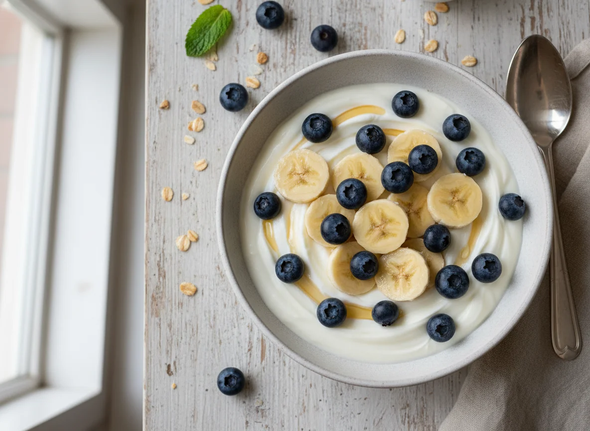 Yogurt with Banana and Blueberries photo